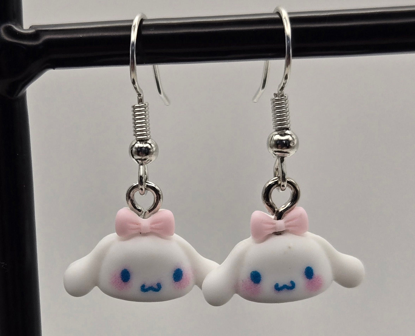 White Puppy Pink Bow Earrings