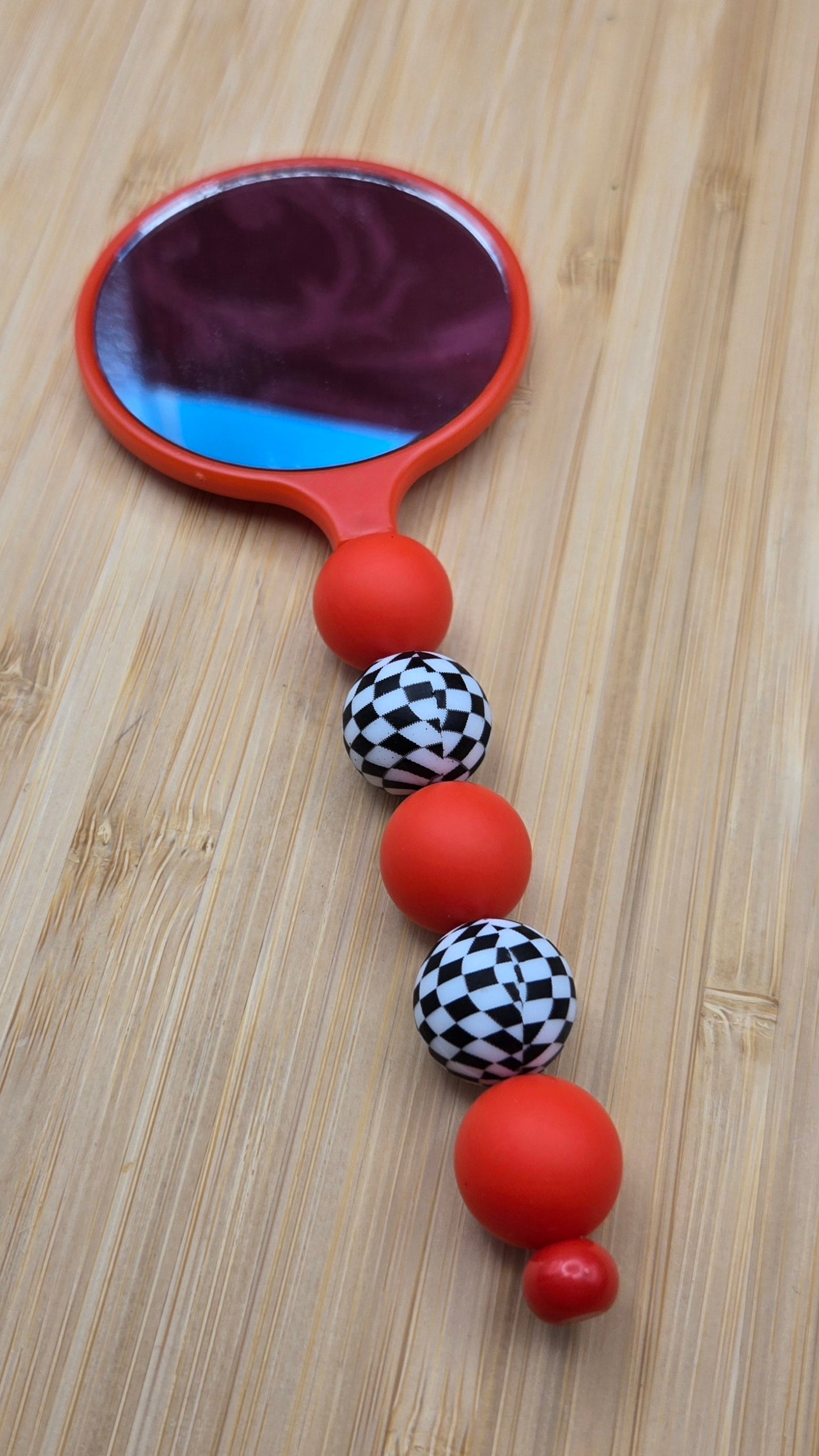 Red Mirror with Black Checkerboard beads