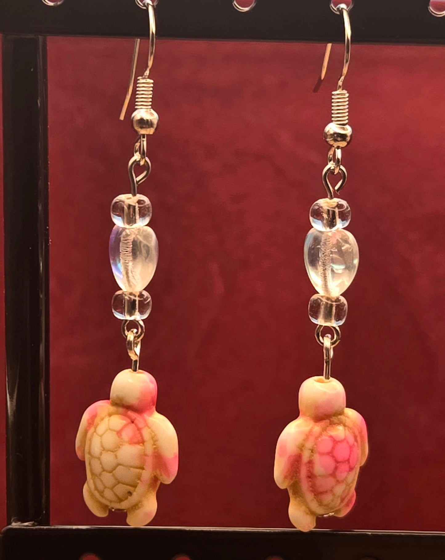 Pink and White Turtle Earrings